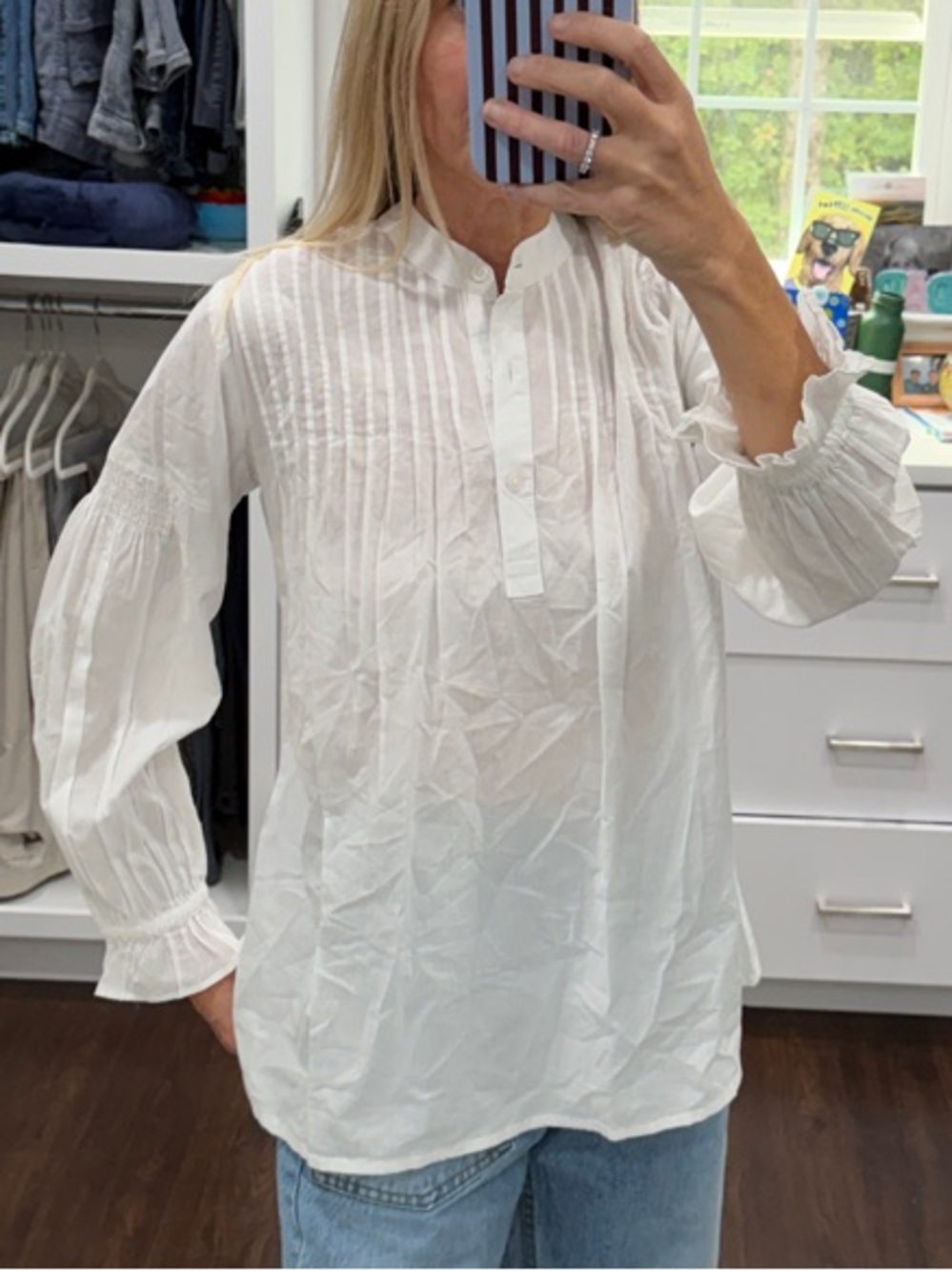 Amazon White Pintuck Peasant Blouse with Gathered Sleeves